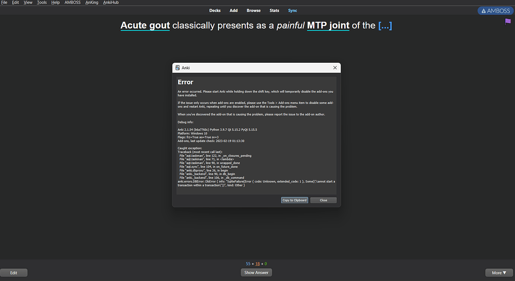 School deck added has Anking cards, error syncing Anking after Support and Feedback AnkiHub